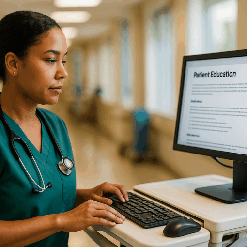Nurse in the hallway of a unit working on her WOW, workstation on wheels. AI for Nurses at TheBossyNurse.com.