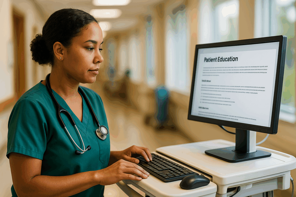 Nurse in the hallway of a unit working on her WOW, workstation on wheels. AI for Nurses at TheBossyNurse.com.