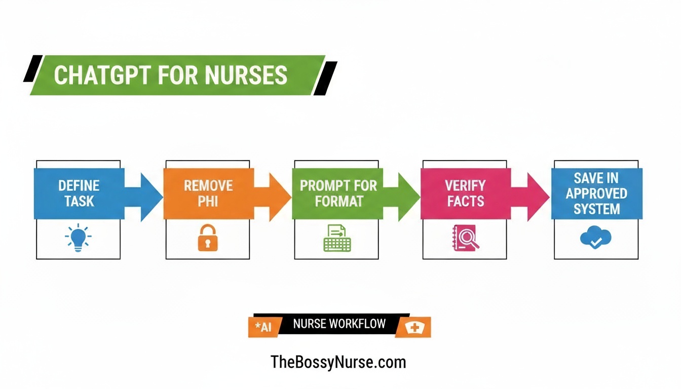 “ChatGPT for Nurses” infographic showing a five-step workflow with right-pointing arrows: Define Task (lightbulb), Remove PHI (padlock), Prompt for Format (keyboard), Verify Facts (magnifying glass over notebook), Save in Approved System (cloud with check). Green header banner, colored step boxes (green, orange, pink, blue), “Nurse Workflow” ribbon, and footer text “TheBossyNurse.com.”